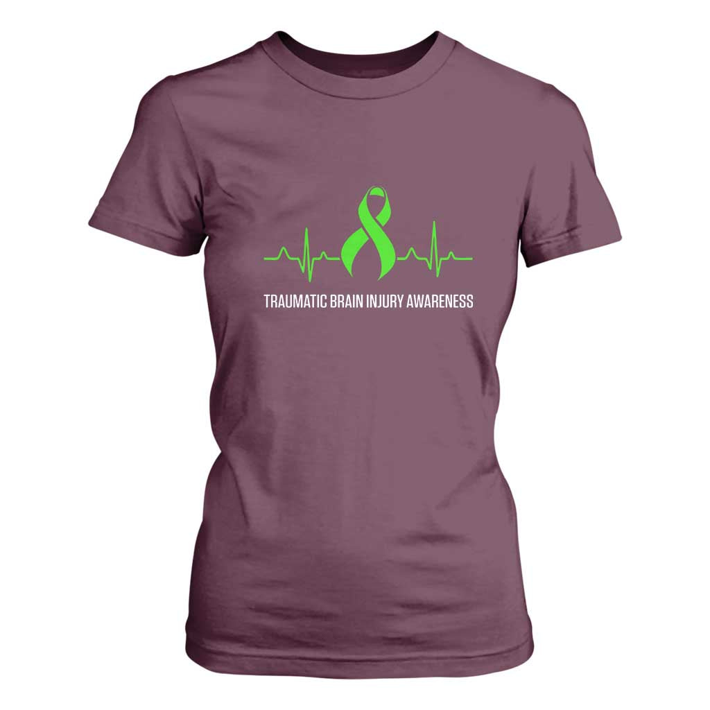 Traumatic Brain Injury Support T Shirt For Women TBI Warrior Heartbeat Green Ribbon