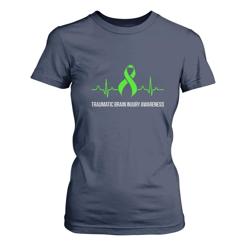 Traumatic Brain Injury Support T Shirt For Women TBI Warrior Heartbeat Green Ribbon
