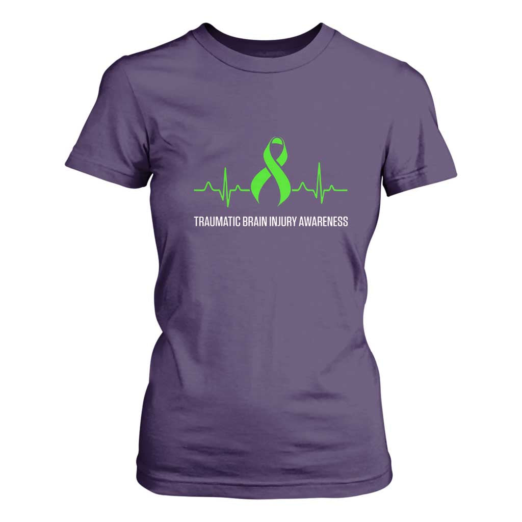 Traumatic Brain Injury Support T Shirt For Women TBI Warrior Heartbeat Green Ribbon