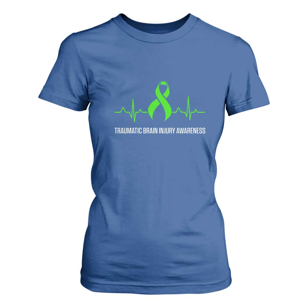 Traumatic Brain Injury Support T Shirt For Women TBI Warrior Heartbeat Green Ribbon