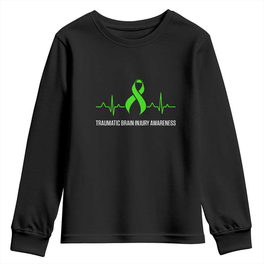 Traumatic Brain Injury Support Youth Sweatshirt TBI Warrior Heartbeat Green Ribbon