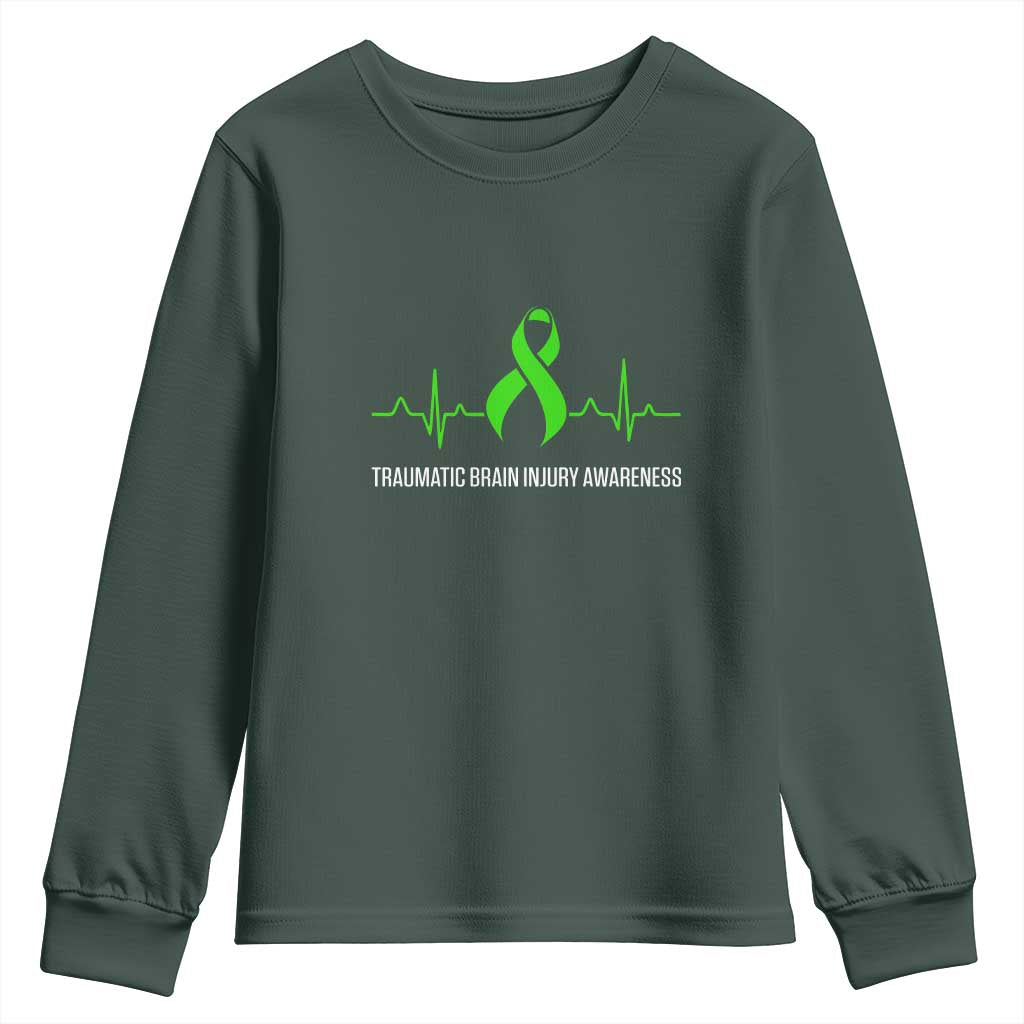 Traumatic Brain Injury Support Youth Sweatshirt TBI Warrior Heartbeat Green Ribbon