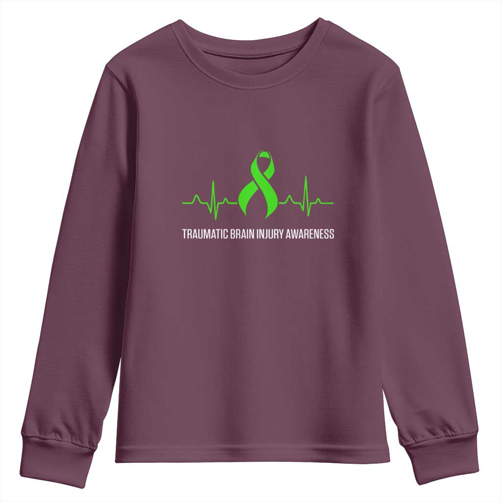 Traumatic Brain Injury Support Youth Sweatshirt TBI Warrior Heartbeat Green Ribbon