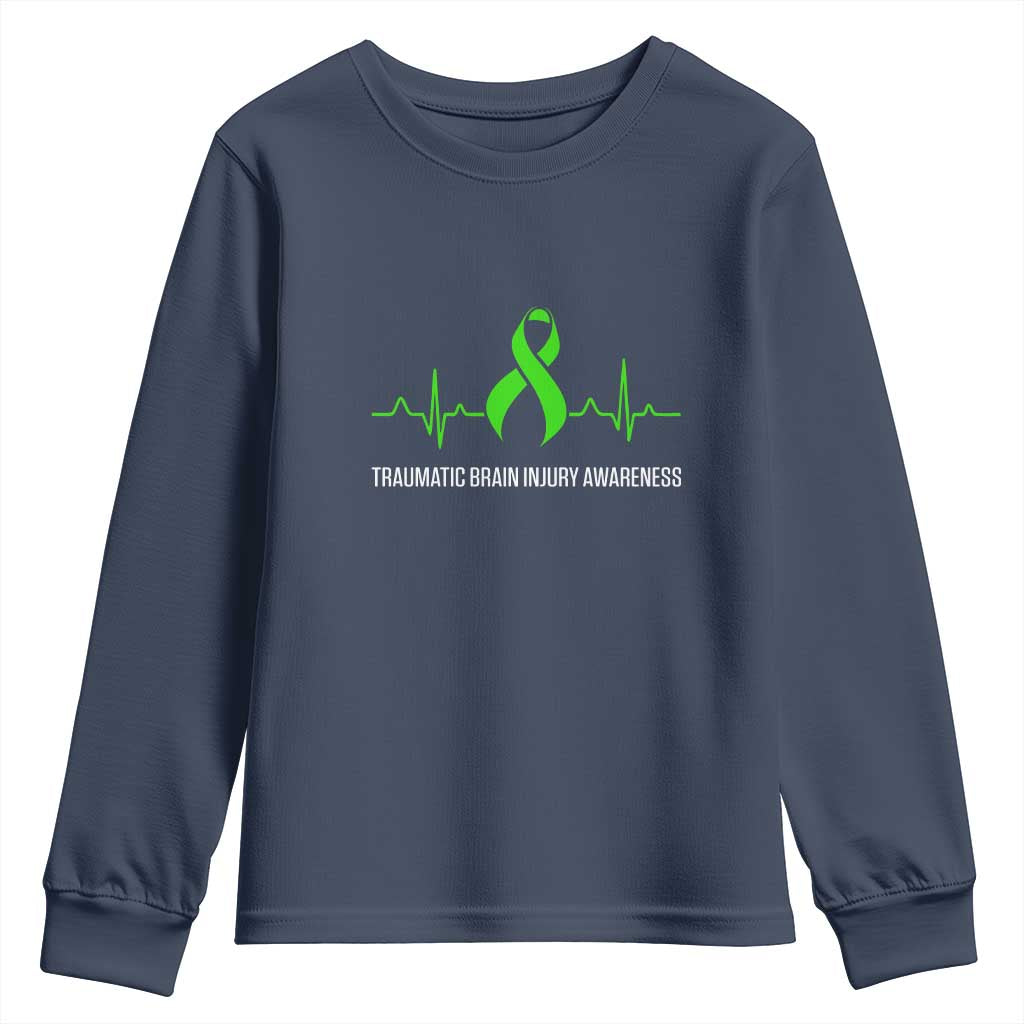 Traumatic Brain Injury Support Youth Sweatshirt TBI Warrior Heartbeat Green Ribbon