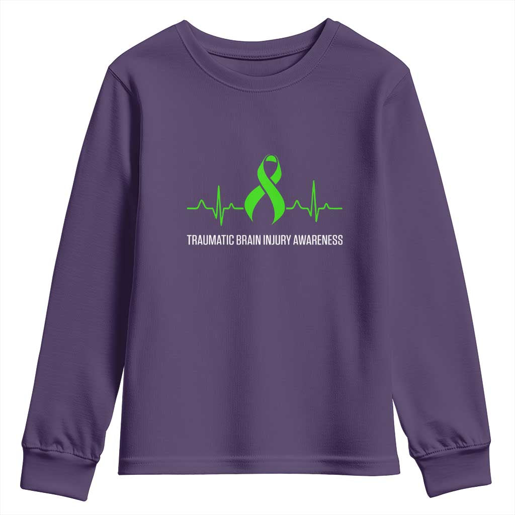 Traumatic Brain Injury Support Youth Sweatshirt TBI Warrior Heartbeat Green Ribbon