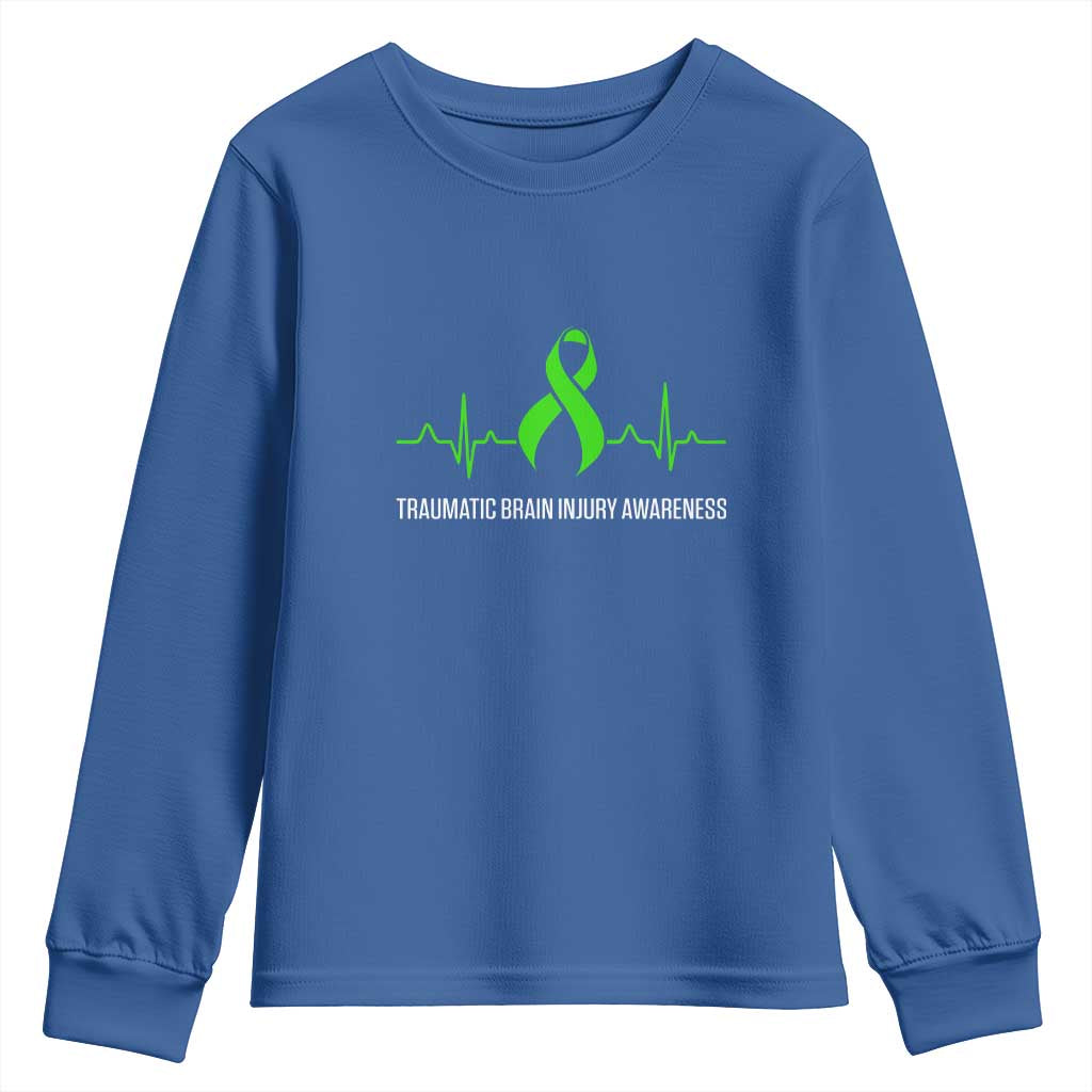 Traumatic Brain Injury Support Youth Sweatshirt TBI Warrior Heartbeat Green Ribbon