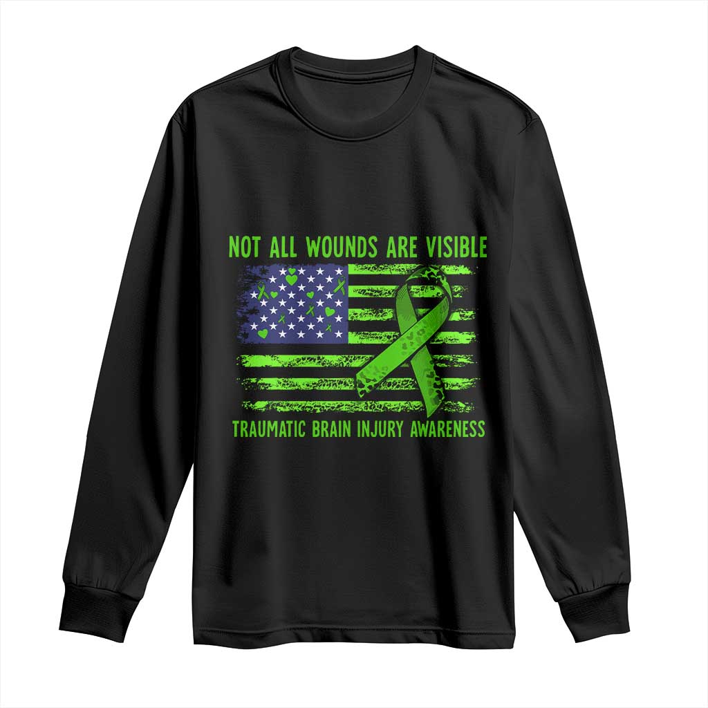 Traumatic Brain Injury Support Long Sleeve Shirt Not All Wounds Are Visible TBI Warrior American Flag