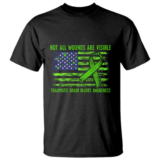 Traumatic Brain Injury Support T Shirt Not All Wounds Are Visible TBI Warrior American Flag