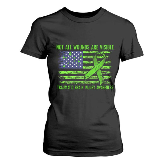 Traumatic Brain Injury Support T Shirt For Women Not All Wounds Are Visible TBI Warrior American Flag