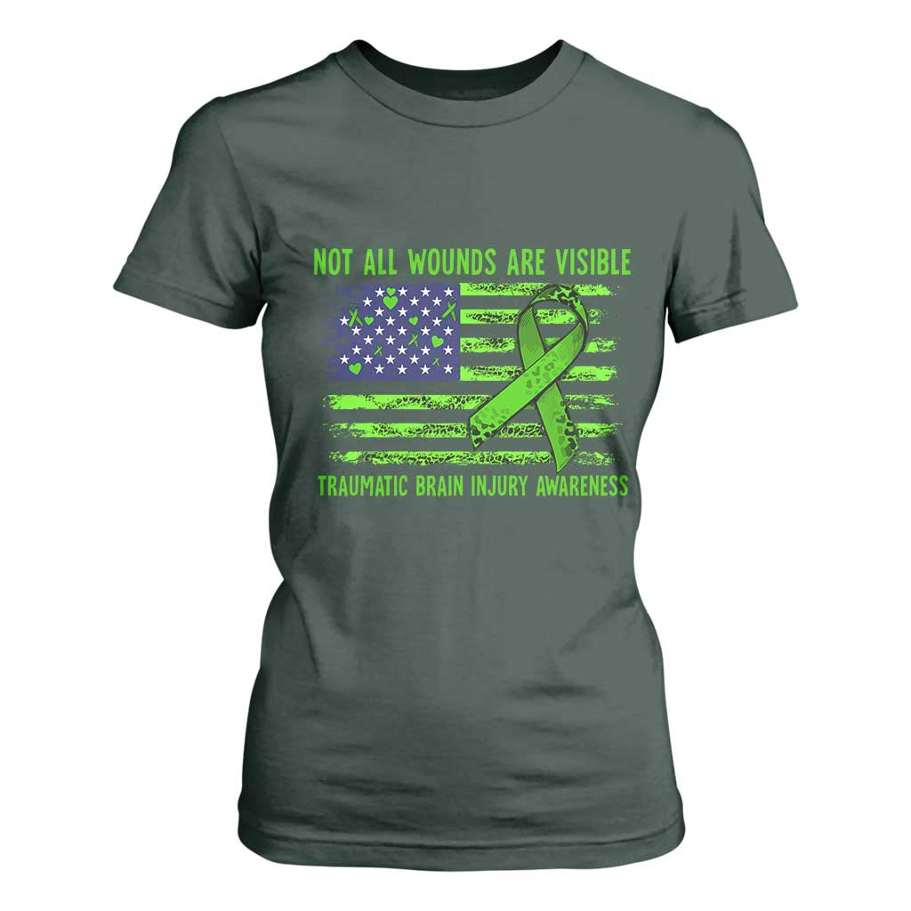 Traumatic Brain Injury Support T Shirt For Women Not All Wounds Are Visible TBI Warrior American Flag
