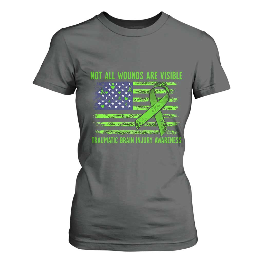 Traumatic Brain Injury Support T Shirt For Women Not All Wounds Are Visible TBI Warrior American Flag
