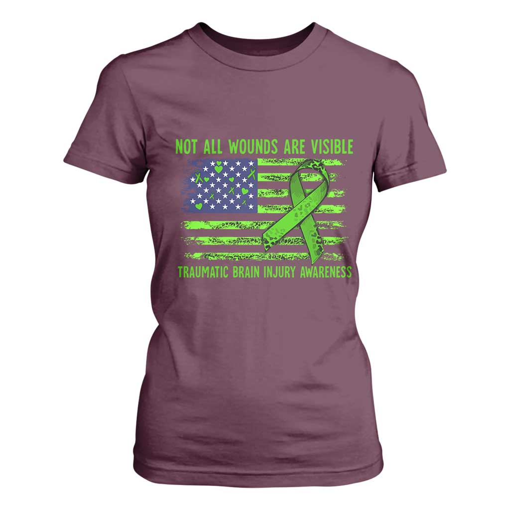 Traumatic Brain Injury Support T Shirt For Women Not All Wounds Are Visible TBI Warrior American Flag