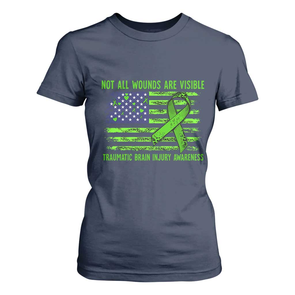 Traumatic Brain Injury Support T Shirt For Women Not All Wounds Are Visible TBI Warrior American Flag