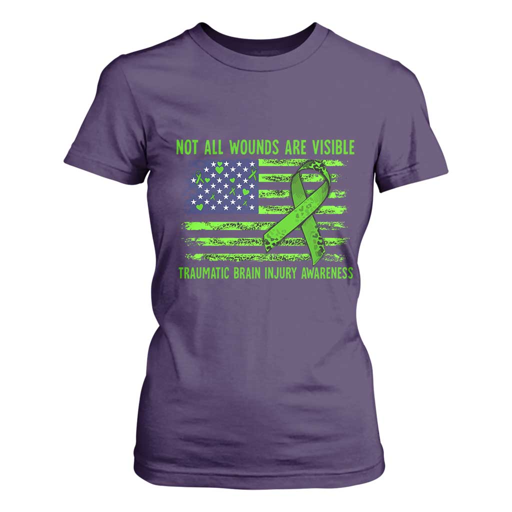 Traumatic Brain Injury Support T Shirt For Women Not All Wounds Are Visible TBI Warrior American Flag