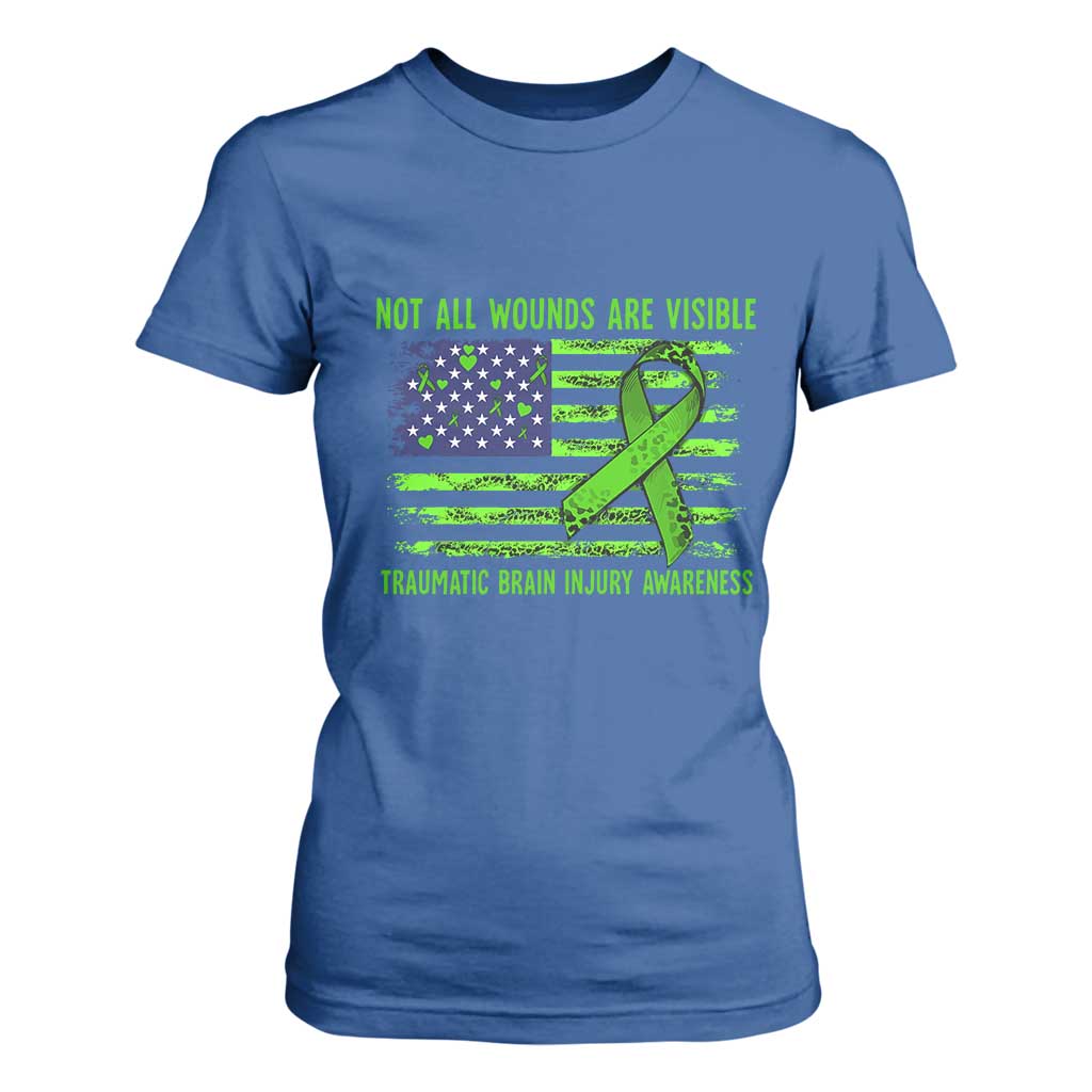 Traumatic Brain Injury Support T Shirt For Women Not All Wounds Are Visible TBI Warrior American Flag