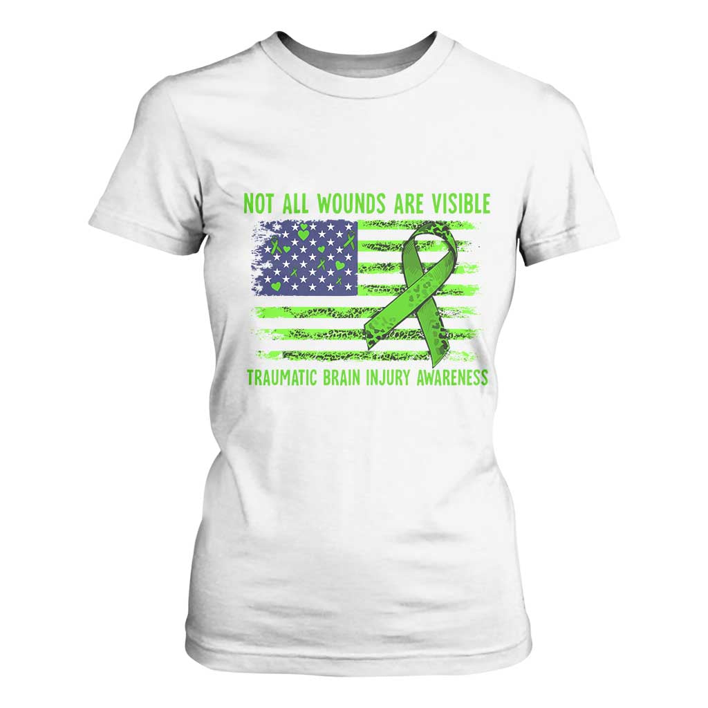 Traumatic Brain Injury Support T Shirt For Women Not All Wounds Are Visible TBI Warrior American Flag