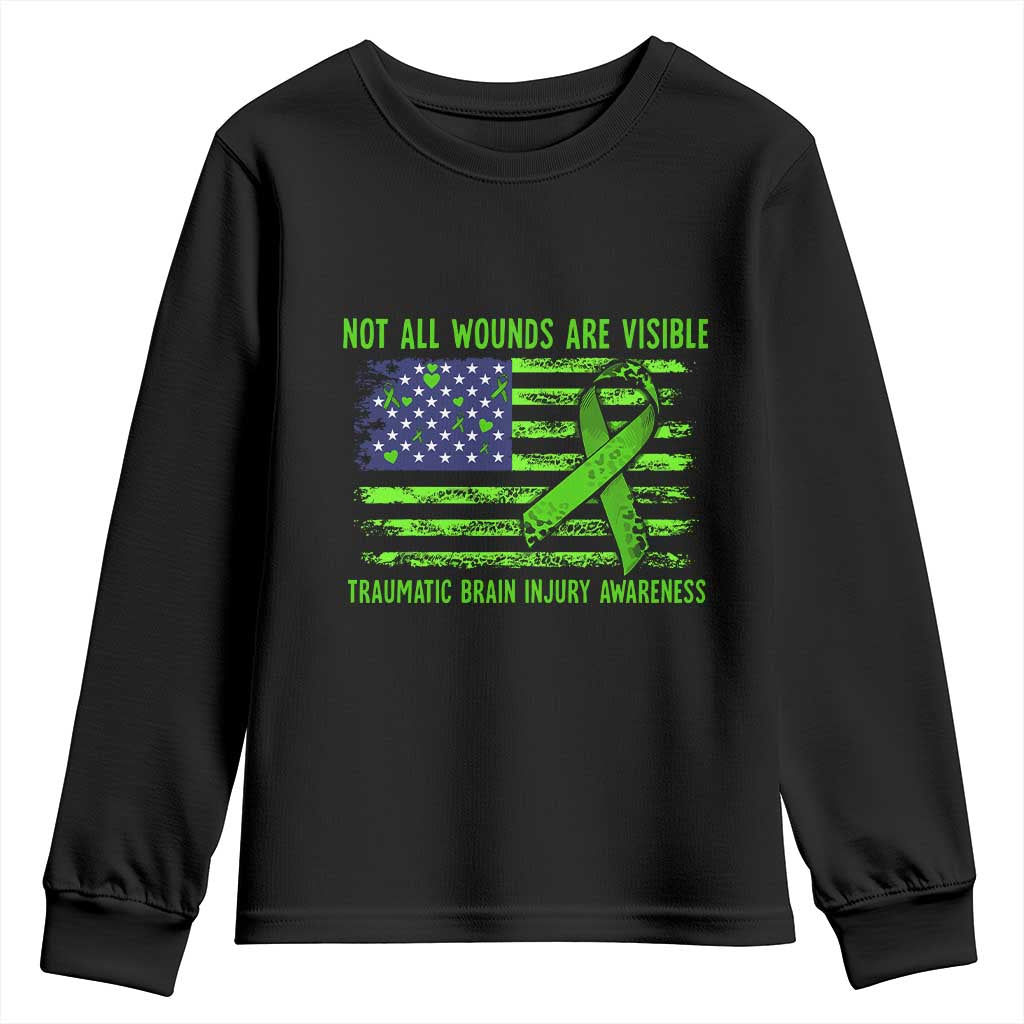 Traumatic Brain Injury Support Youth Sweatshirt Not All Wounds Are Visible TBI Warrior American Flag