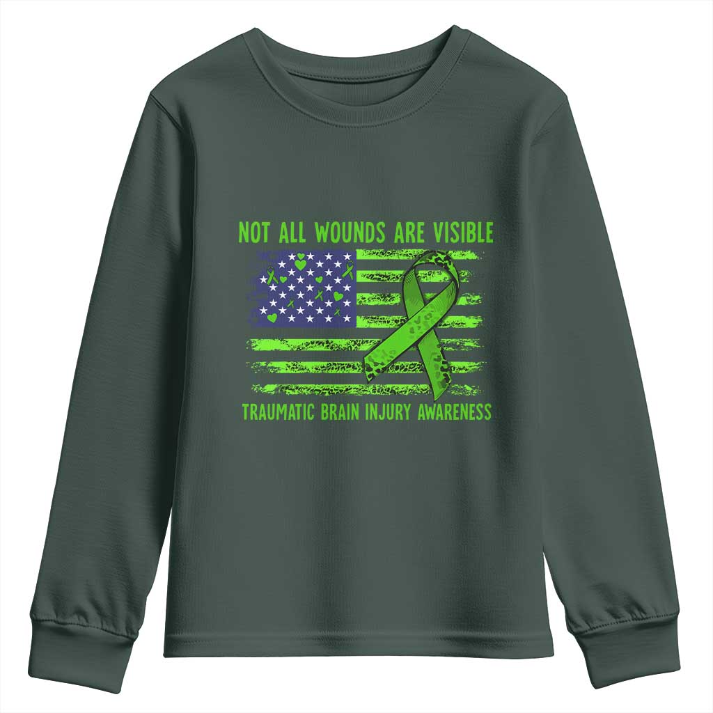 Traumatic Brain Injury Support Youth Sweatshirt Not All Wounds Are Visible TBI Warrior American Flag