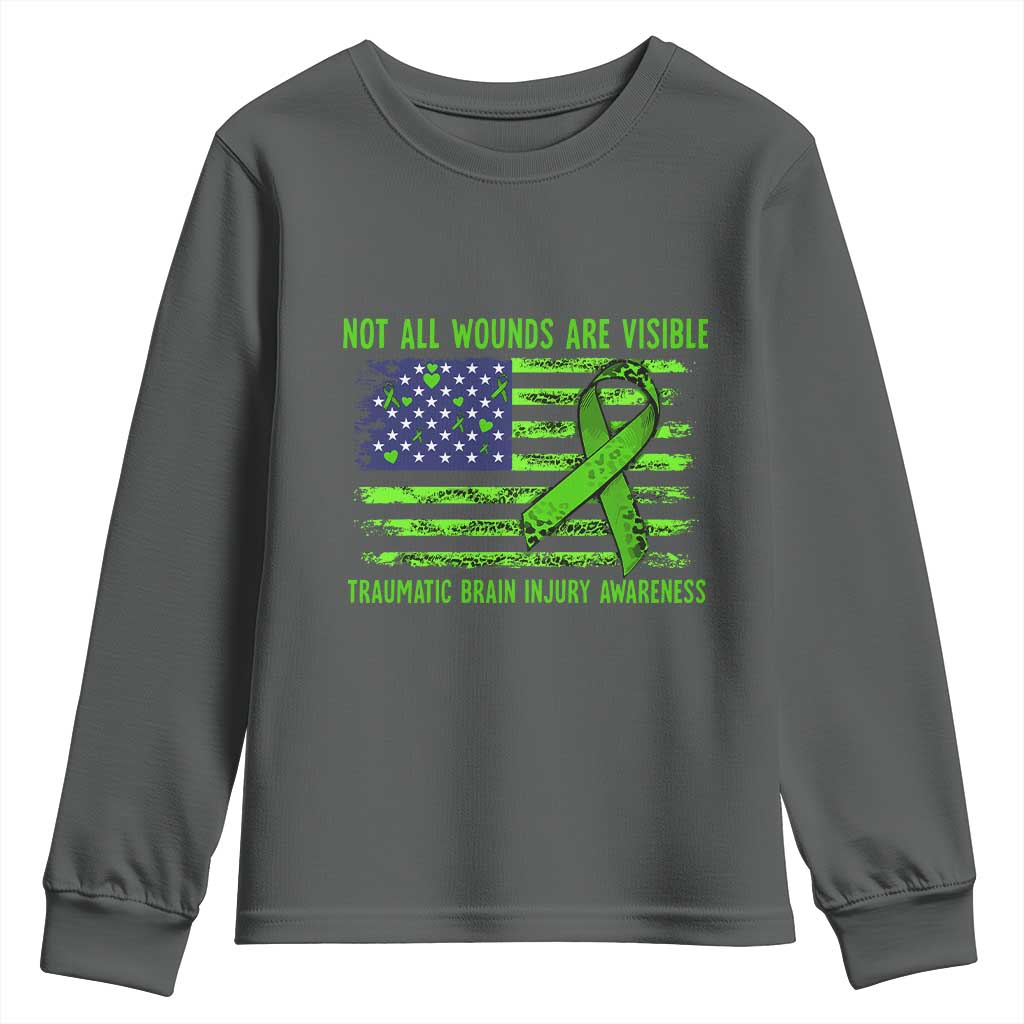 Traumatic Brain Injury Support Youth Sweatshirt Not All Wounds Are Visible TBI Warrior American Flag