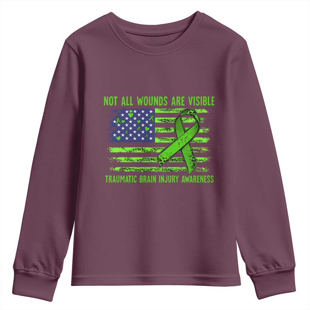 Traumatic Brain Injury Support Youth Sweatshirt Not All Wounds Are Visible TBI Warrior American Flag