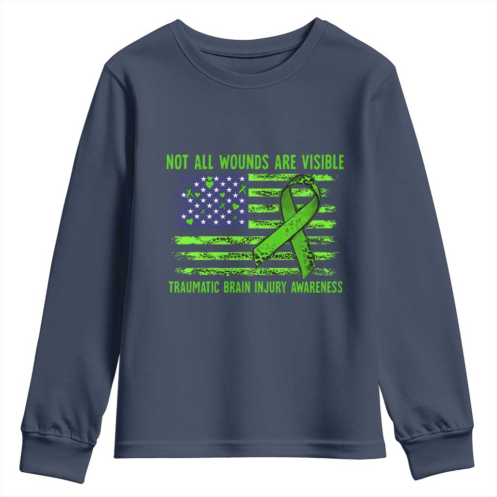 Traumatic Brain Injury Support Youth Sweatshirt Not All Wounds Are Visible TBI Warrior American Flag