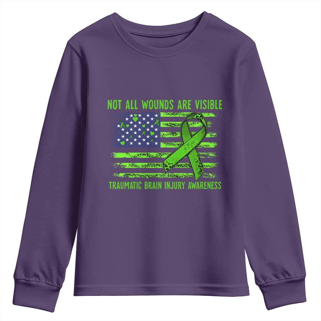 Traumatic Brain Injury Support Youth Sweatshirt Not All Wounds Are Visible TBI Warrior American Flag