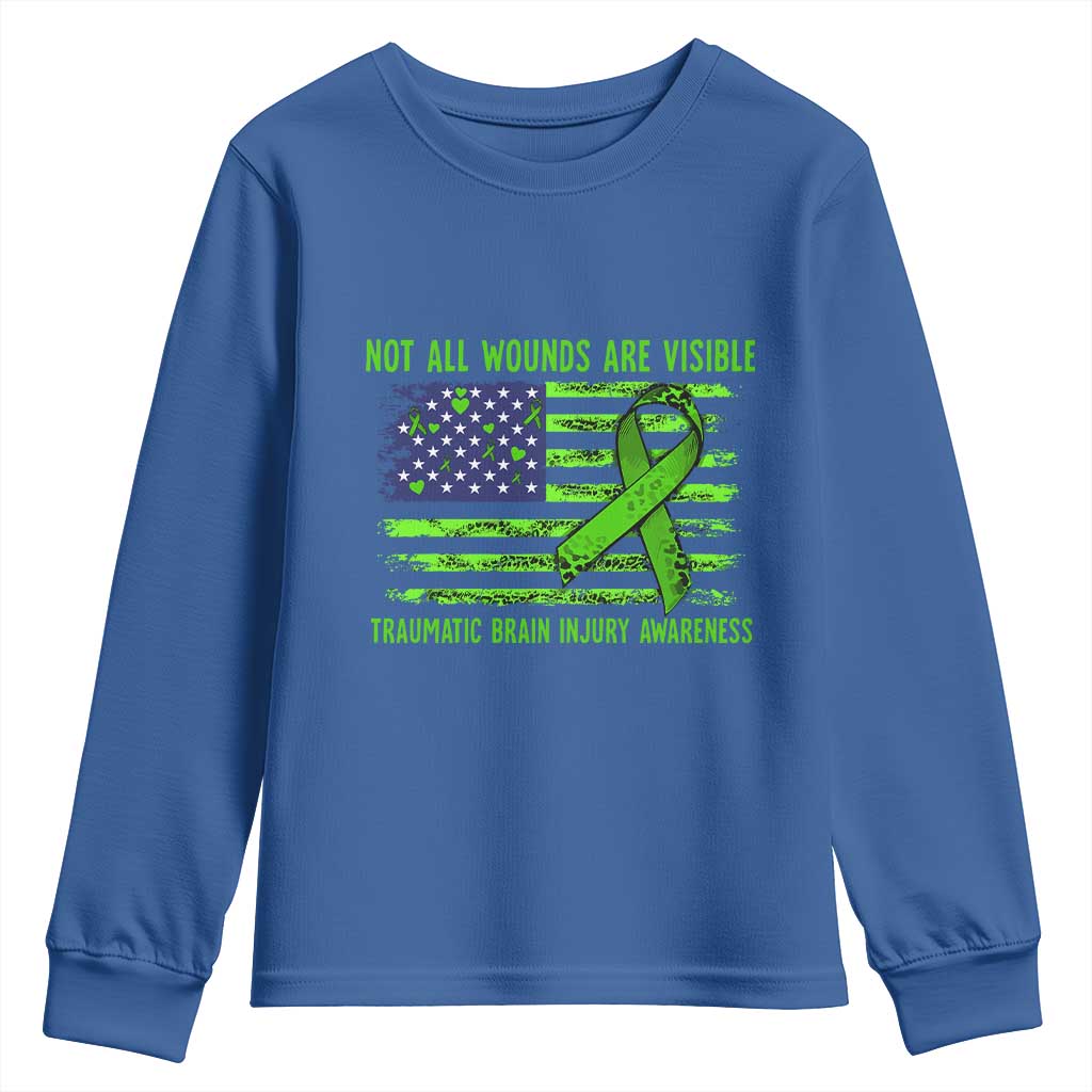 Traumatic Brain Injury Support Youth Sweatshirt Not All Wounds Are Visible TBI Warrior American Flag