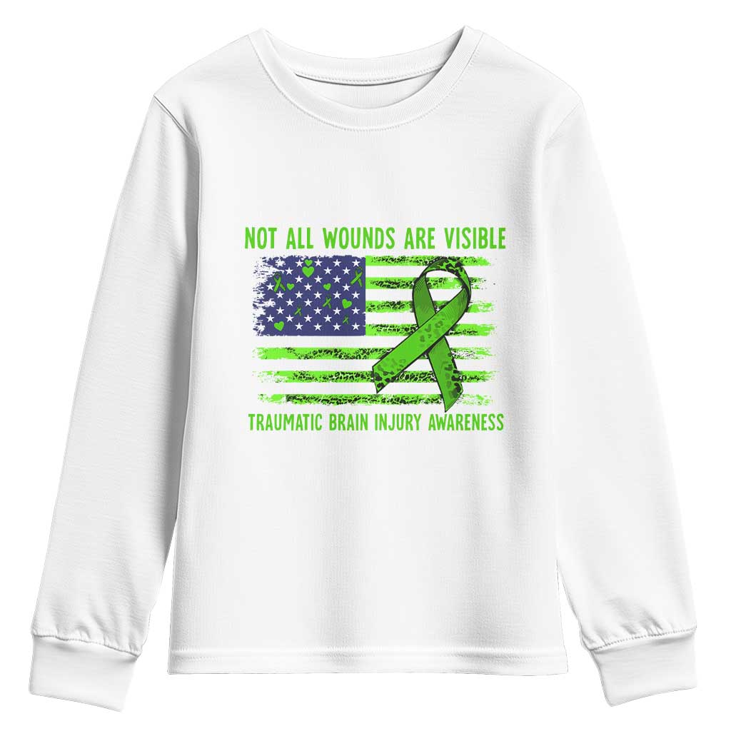 Traumatic Brain Injury Support Youth Sweatshirt Not All Wounds Are Visible TBI Warrior American Flag