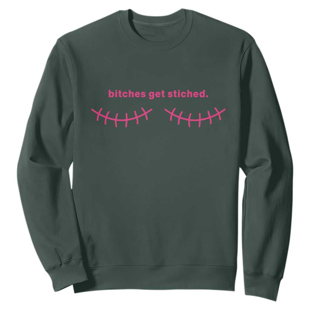 Funny Mastectomy Reconstruction Surgery Sweatshirt Bitches Get Stitches Breast Cancer Support