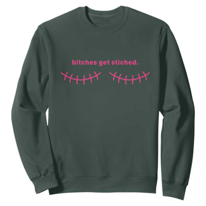 Funny Mastectomy Reconstruction Surgery Sweatshirt Bitches Get Stitches Breast Cancer Support