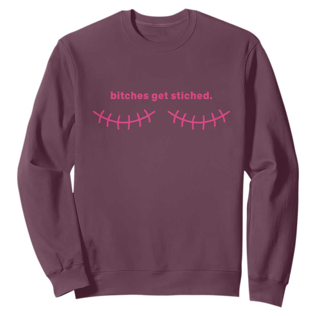 Funny Mastectomy Reconstruction Surgery Sweatshirt Bitches Get Stitches Breast Cancer Support