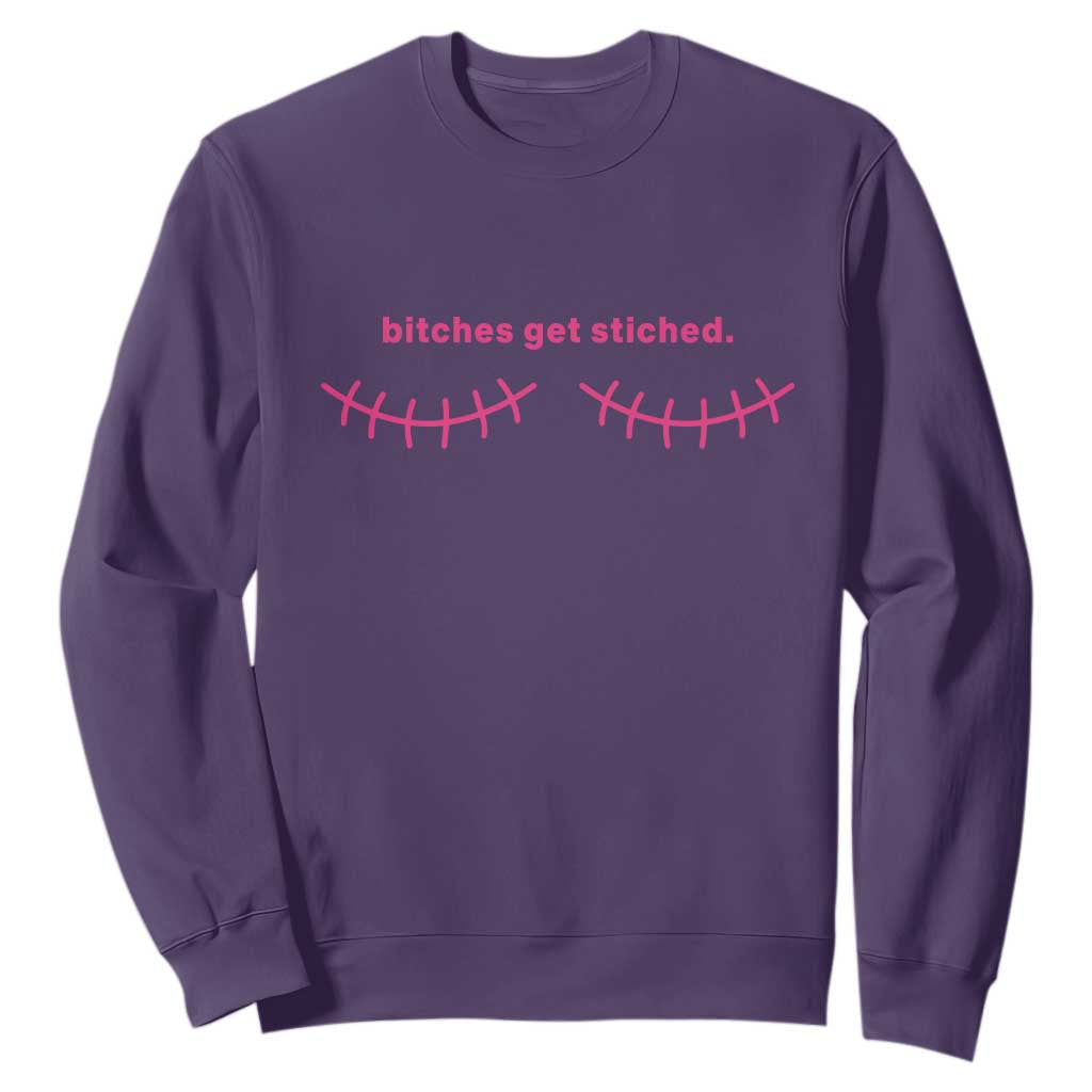 Funny Mastectomy Reconstruction Surgery Sweatshirt Bitches Get Stitches Breast Cancer Support