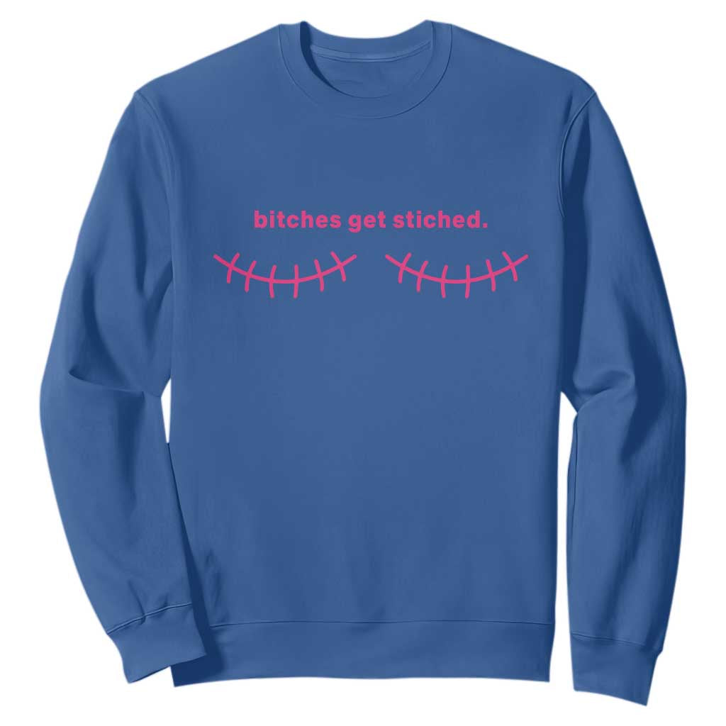Funny Mastectomy Reconstruction Surgery Sweatshirt Bitches Get Stitches Breast Cancer Support