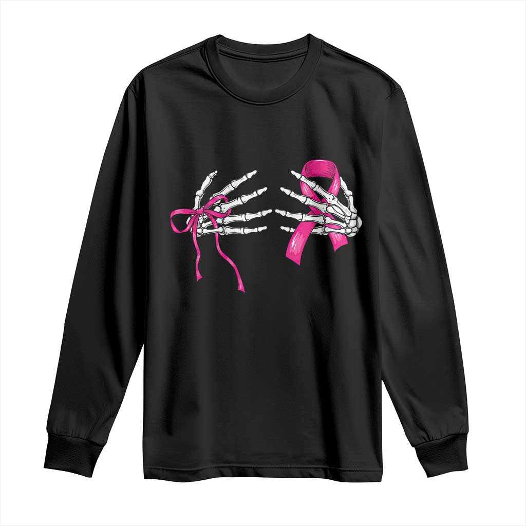 Skeleton Hands Pink Ribbon Bra Breast Cancer Fighter Long Sleeve Shirt Funny Halloween Spooky Pink Warrior