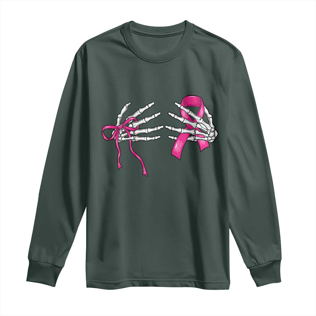 Skeleton Hands Pink Ribbon Bra Breast Cancer Fighter Long Sleeve Shirt Funny Halloween Spooky Pink Warrior