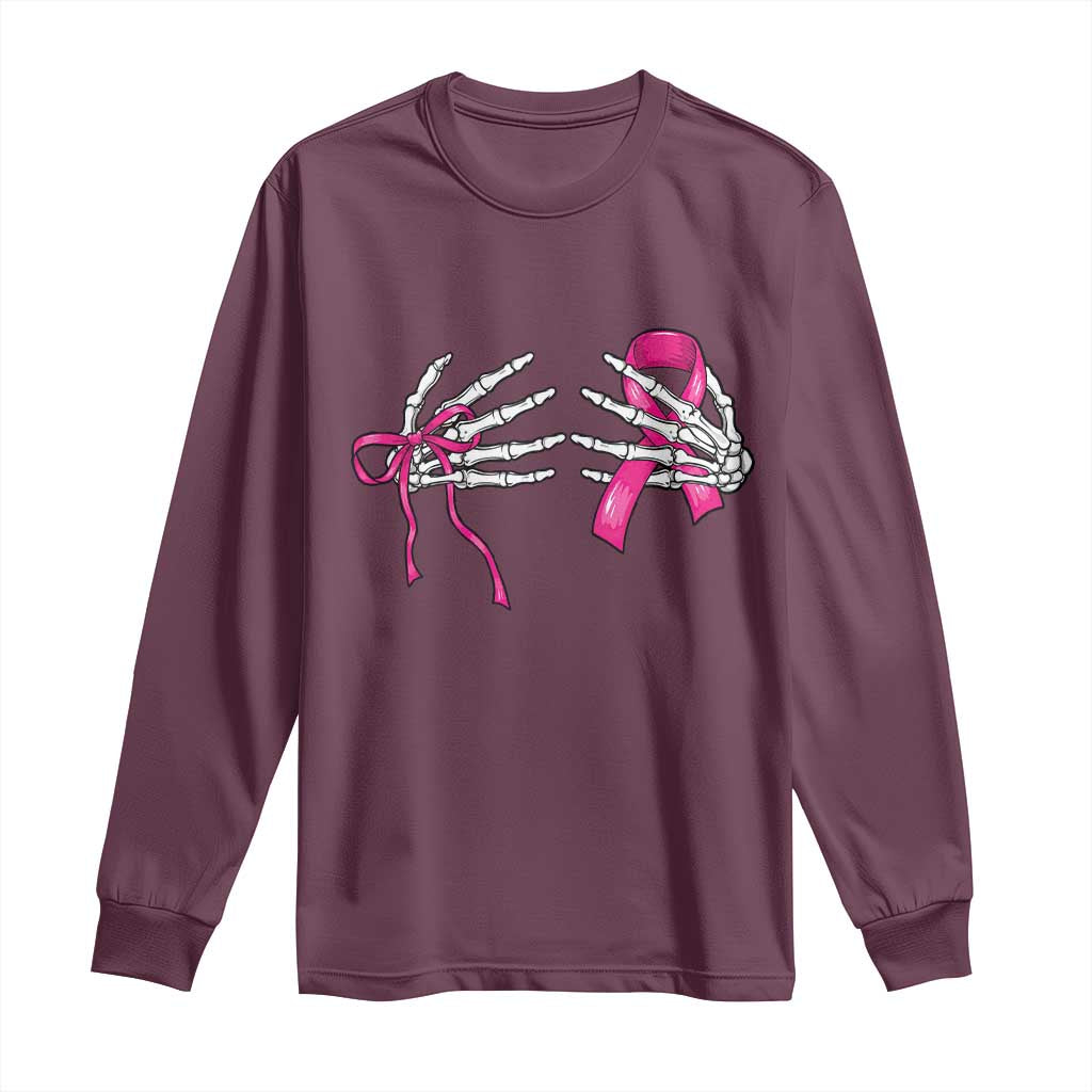 Skeleton Hands Pink Ribbon Bra Breast Cancer Fighter Long Sleeve Shirt Funny Halloween Spooky Pink Warrior