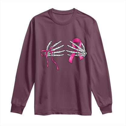 Skeleton Hands Pink Ribbon Bra Breast Cancer Fighter Long Sleeve Shirt Funny Halloween Spooky Pink Warrior