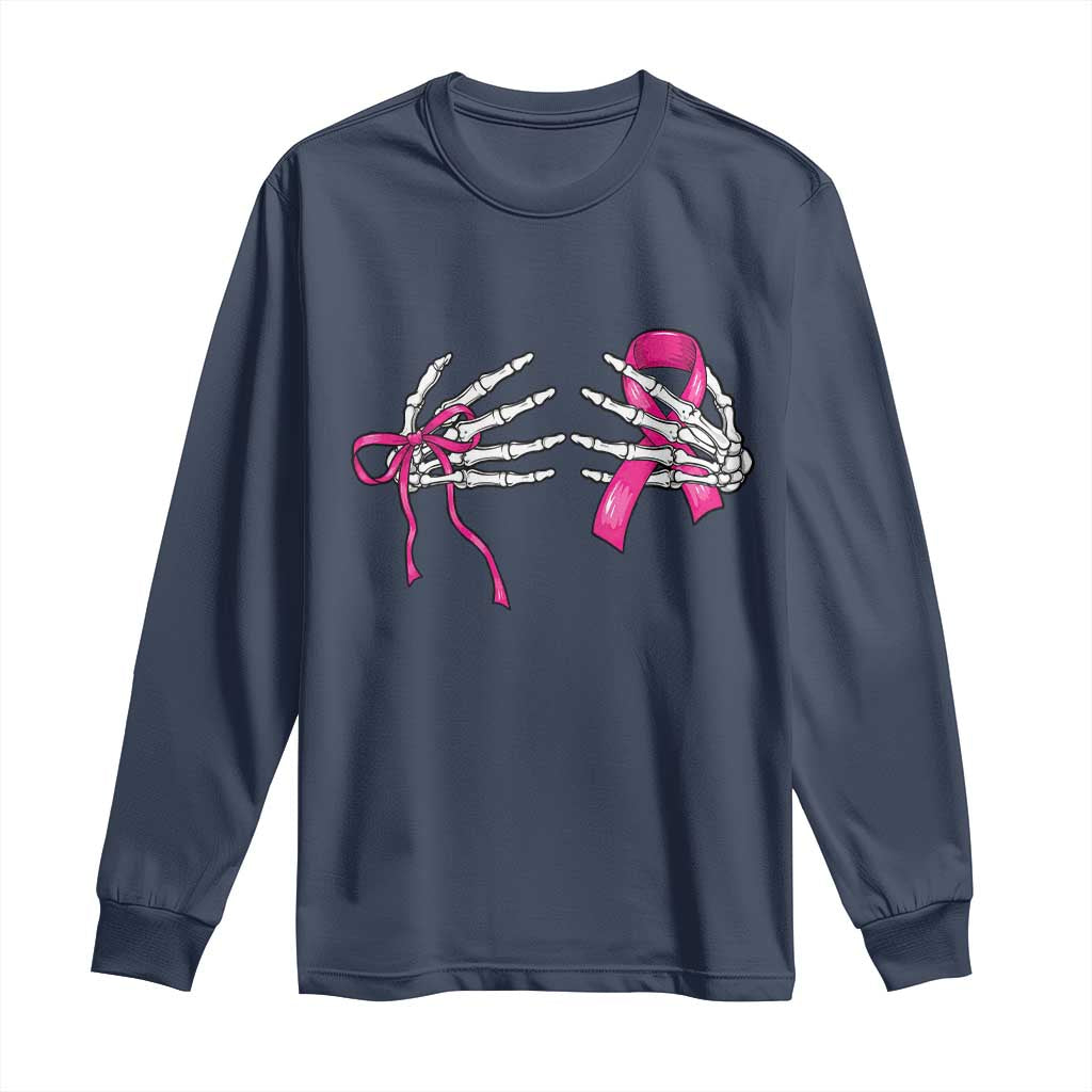 Skeleton Hands Pink Ribbon Bra Breast Cancer Fighter Long Sleeve Shirt Funny Halloween Spooky Pink Warrior