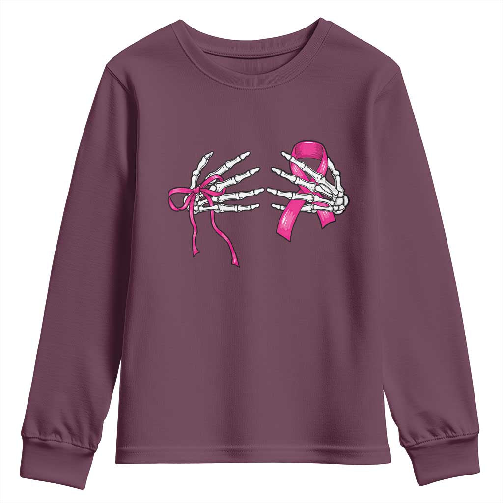 Skeleton Hands Pink Ribbon Bra Breast Cancer Fighter Youth Sweatshirt Funny Halloween Spooky Pink Warrior