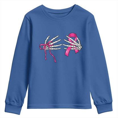 Skeleton Hands Pink Ribbon Bra Breast Cancer Fighter Youth Sweatshirt Funny Halloween Spooky Pink Warrior