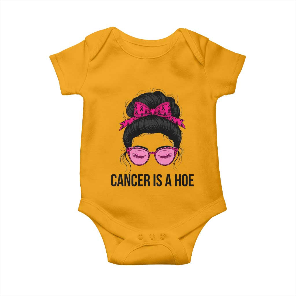 Cancer Is A Hoe Pink Messy Bun Leopard Sunglasses Graphic Baby Onesie Funny Breast Cancer Warrior Support