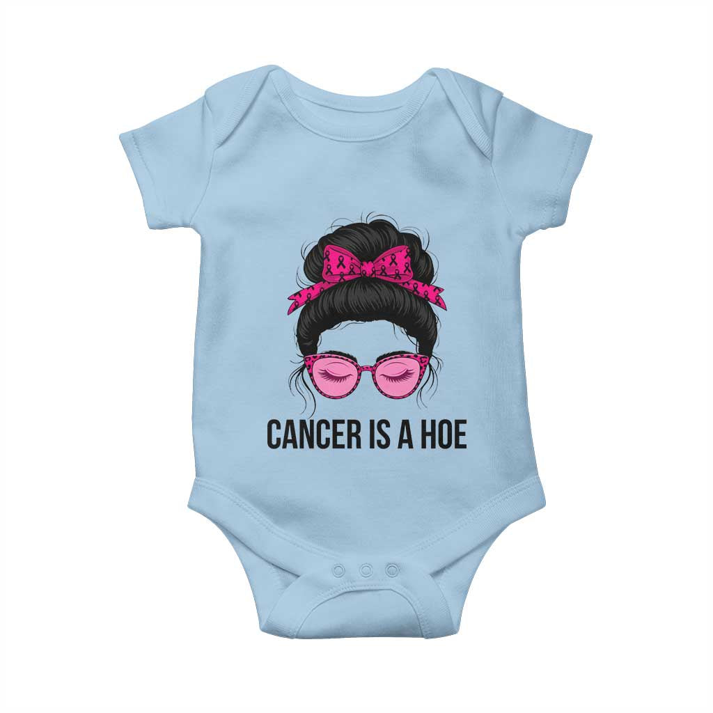 Cancer Is A Hoe Pink Messy Bun Leopard Sunglasses Graphic Baby Onesie Funny Breast Cancer Warrior Support