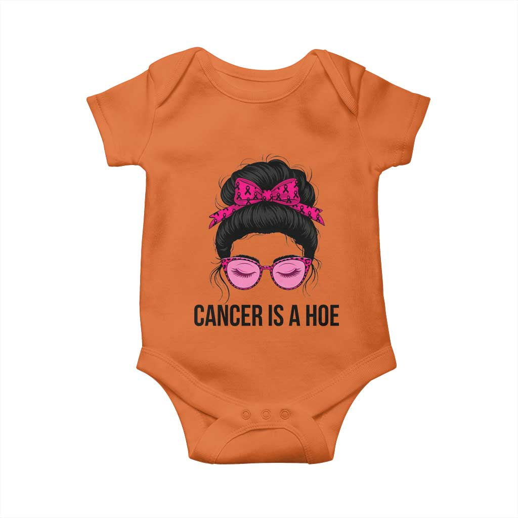 Cancer Is A Hoe Pink Messy Bun Leopard Sunglasses Graphic Baby Onesie Funny Breast Cancer Warrior Support