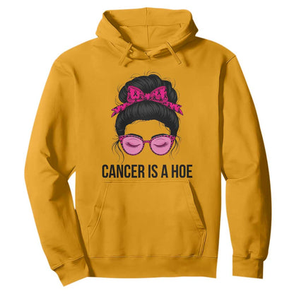 Cancer Is A Hoe Pink Messy Bun Leopard Sunglasses Graphic Hoodie Funny Breast Cancer Warrior Support