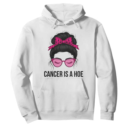 Cancer Is A Hoe Pink Messy Bun Leopard Sunglasses Graphic Hoodie Funny Breast Cancer Warrior Support