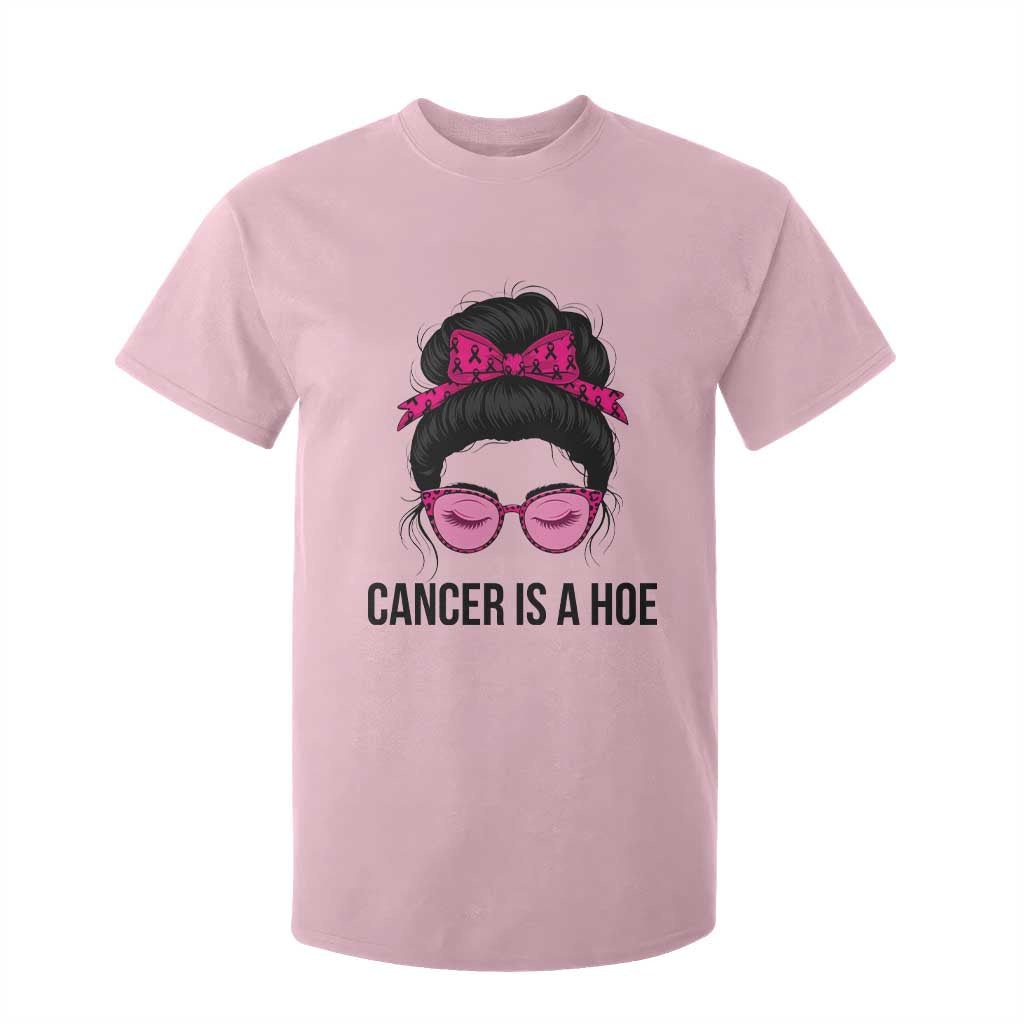 Cancer Is A Hoe Pink Messy Bun Leopard Sunglasses Graphic T Shirt For Kid Funny Breast Cancer Warrior Support