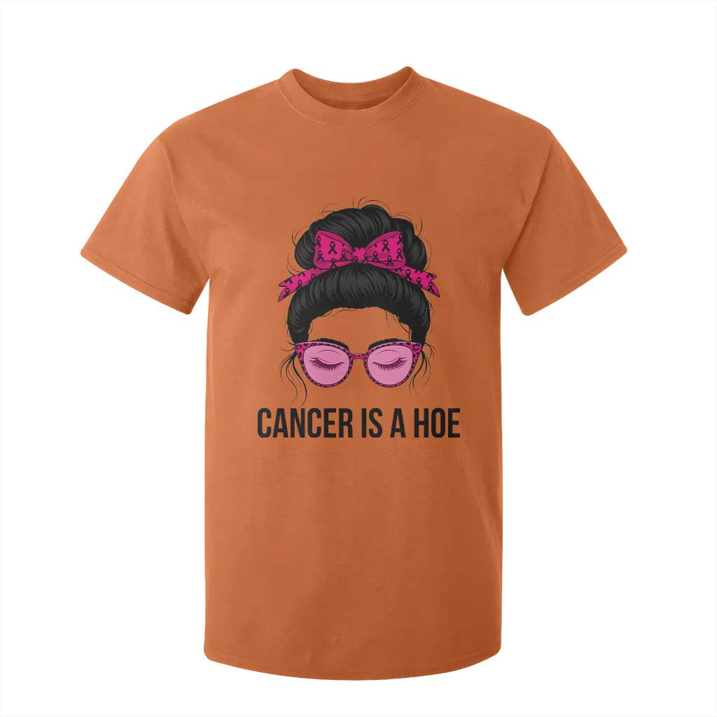 Cancer Is A Hoe Pink Messy Bun Leopard Sunglasses Graphic T Shirt For Kid Funny Breast Cancer Warrior Support