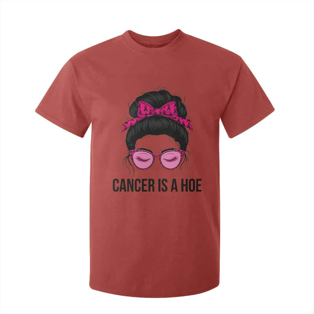 Cancer Is A Hoe Pink Messy Bun Leopard Sunglasses Graphic T Shirt For Kid Funny Breast Cancer Warrior Support