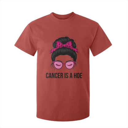 Cancer Is A Hoe Pink Messy Bun Leopard Sunglasses Graphic T Shirt For Kid Funny Breast Cancer Warrior Support