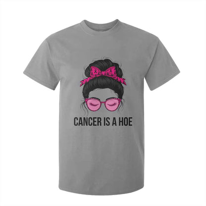 Cancer Is A Hoe Pink Messy Bun Leopard Sunglasses Graphic T Shirt For Kid Funny Breast Cancer Warrior Support